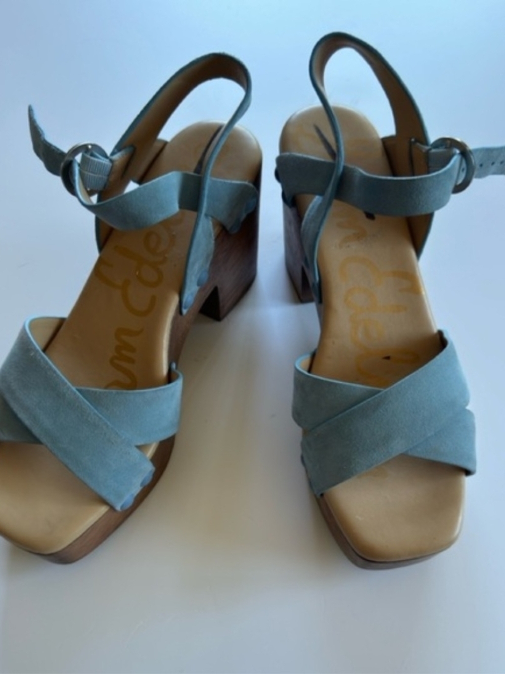 Sam Edelman Pale Blue Suede Crisscross Block Heel Sandals